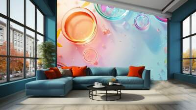 Colorful background with petri dishes plant samples and cosmetic gel swatches creating a vibrant copy space image for bio science biochemistry and organic skin care themes Wall mural