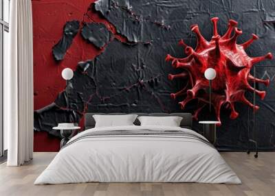 Conceptual virus alert symbol depicted on torn black paper with a red backdrop providing copy space for an image Wall mural