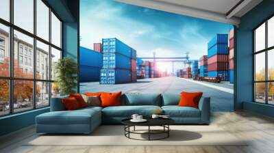 Container cargo ship for logistics and transportation in the shipping area facilitating import and export business Freight harbor with blue tone stacking containers in the yard Copy space image Wall mural