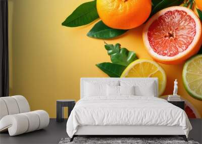 Creative background featuring summer tropical fruits and leaves including grapefruit orange tangerine lemon and lime set against a pastel yellow backdrop Food concept Flat lay top view copy space Wall mural