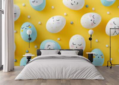 Creative Easter eggs featuring cute faces and sleepy eyes on a pastel yellow background Happy Easter theme Flat lay top view mockup template overhead copyspace Wall mural