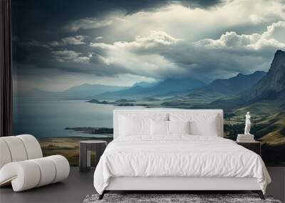 Crimea boasts an impressive landscape featuring a mountain lake under a dramatic stormy sky ideal for a copy space image Wall mural