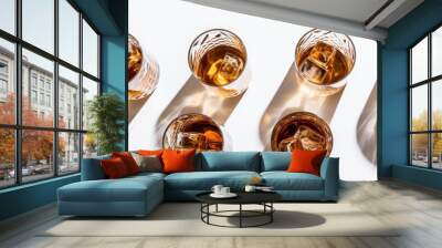 Crystal glasses of whiskey or scotch seen from above on a white background with shadows providing ample copy space image Wall mural