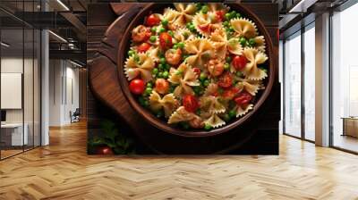 Delicious pasta dish with peas, tomatoes on rustic table Wall mural