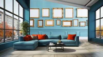 Display an antique frame in an art gallery against a royal blue wall for an auction house or museum exhibition, featuring a blank template for mockup design with white copy space. Wall mural