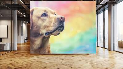 Dog and rainbow Rainbow bridge concept Close-up portrait of Labrador Retriever dog on rainbow background Rainbow Bridge Remembrance Day. Copy space image. Place for adding text or design Wall mural