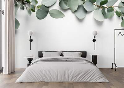 Eucalyptus branches and leaves formed into a wreath frame set against a white background for a lay flat top view with copy space image Wall mural