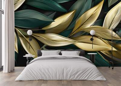 exotic tropical leaves and foliage elegantly styled with golden and silver colors create an abstract Wall mural