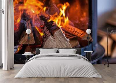 firewood burning in a stove. Copy space image. Place for adding text and design Wall mural