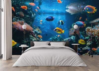 fish in the aquarium. Copy space image. Place for adding text and design Wall mural