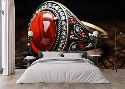 Front and side view of an Ottoman-style bronze and silver ring adorned with a red semi-precious stone, with copy space image. Wall mural