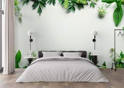 Green flowers used as decoration on a white backdrop with copy space image Wall mural