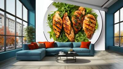 Grilled chicken and salad on white table keto and healthy Text space top view Copy space image Place for adding text or design Wall mural