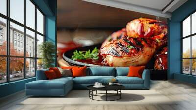 Grilled chicken is a well liked dish often served with barbecue sauce shown in a copy space image Wall mural