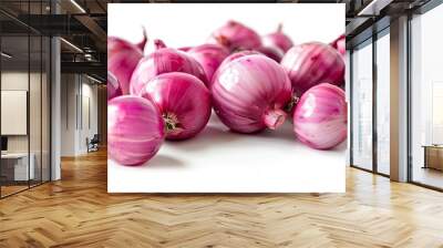 Group of pink onions on a white background Multiple peeled shiny onions Isolated Food backdrop. Copy space image. Place for adding text and design Wall mural