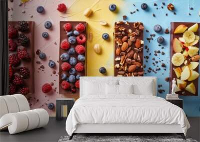 Handcrafted chocolate bars featuring fruits berries and nuts against a colorful backdrop. Copy space image. Place for adding text and design Wall mural