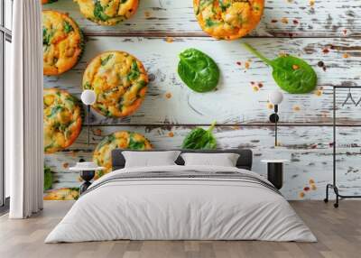 Healthy muffins made with spinach, sweet potatoes, and cheese displayed on a rustic white wooden surface, creating a copy space image ideal for a healthy food concept with a top view. Wall mural