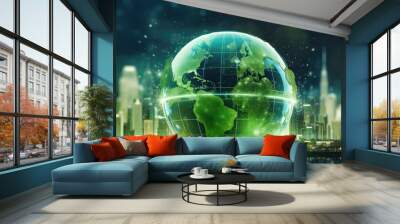 Holographic eco hud depicting diverse icons and lines over a blurred city background Represents green energy and renewable sources Copy space image Place for adding text or design Wall mural