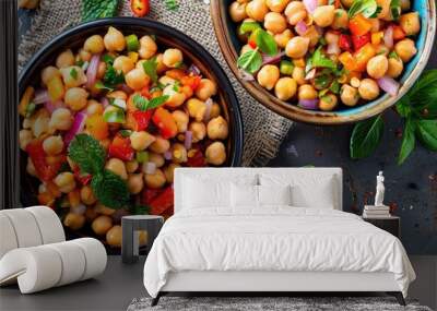 Homemade chickpea and veggies salad, diet, vegetarian, vegan food, healthy snack. Copy space background Wall mural