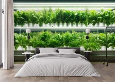 Hygienic and healthy indoor vertical farming of organic vegetables using LED lights Copy space image Place for adding text or design Wall mural