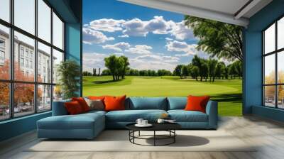 Ideal for a web banner, this scenic view features a green field, a tree, and a clear blue sky, providing a perfect copy space image. Wall mural