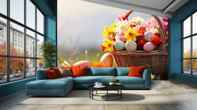 Image of a basket filled with colorful Easter eggs and adorned with beautiful flowers. Copy space image. Place for adding text and design Wall mural