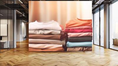 Indoor table with clothes stack Household idea Clean folded cotton attire Copy space image Place for adding text or design Wall mural