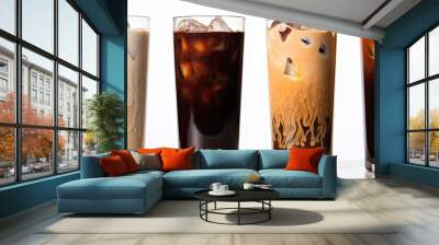 Isolated on a white background there is a set of tall glasses containing black iced coffee and latte with milk featuring ample copy space image Wall mural