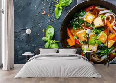 Kenchin style vegetable soup with udon noodles and tofu showcasing a copy space image Wall mural