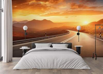 Long empty mountain road under a bright sunset on a sunny summer day with a speed motion blur effect ideal for a copy space image Wall mural