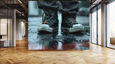 Lower part of a sporty man with untied shoelaces standing on the street. Copy space image. Place for adding text and design Wall mural