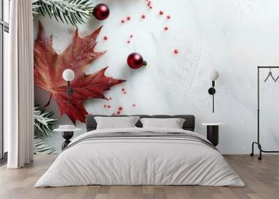 Maple leaf with festive decorations displayed on a light background with ample copy space image Wall mural