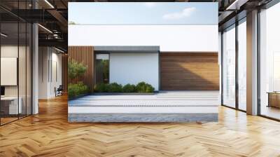 Minimal architecture is depicted in a 3D rendering of a contemporary white house with a garage entrance Copy space image Place for adding text or design Wall mural