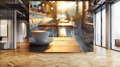 Morning coffee on a table with a coffee shop background is a cozy setting for a relaxing start to the day ideal for a copy space image Wall mural