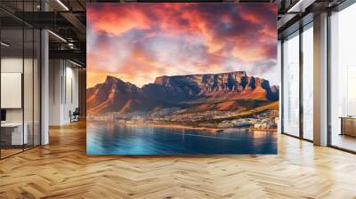 Nighttime view of Table Mountain with illuminated car trail in foreground, creating a mesmerizing copy space image. Wall mural