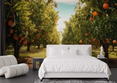 Orange trees field under blue sky Wall mural