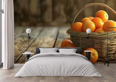 oranges in a classic basket on a wooden floor. Copy space image. Place for adding text and design Wall mural