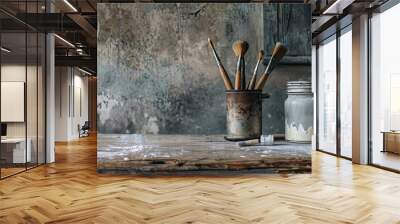 Painting brushes near a metal jar with white paint on a wooden table. Copy space image. Place for adding text and design Wall mural