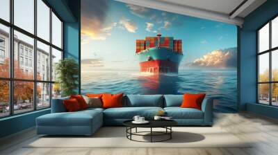 Panoramic front view of a large cargo ship carrying containers for import and export, business logistic and transportation in open sea with copy space Wall mural