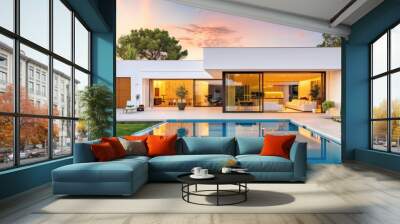 Panoramic photo of new style white villa with big backyard, outdoor view. Copy space image. Place for adding text or design Wall mural