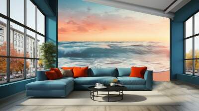 Peaceful ocean waves gently rolling onto a sandy beach at sunset creating a picturesque scene with a soft pastel color palette and abundant copy space image opportunity Wall mural