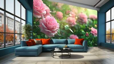 Pink roses in full bloom with delicate petals and a fragrant aroma in a vibrant summer garden with plenty of copy space image Wall mural