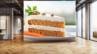 Plate with a slice of delicious carrot cake next to a fresh carrot for a tasty treat Wall mural