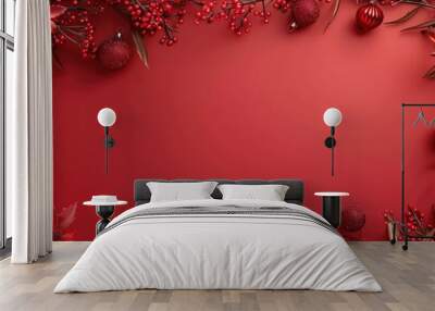 Red Christmas template for design featuring a festive frame against a red background Flat lay top view and copy space for text Wall mural