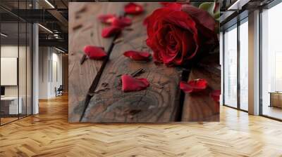 Red rose flower a beautiful natural bloom from the garden alongside petals of the red rose and chocolate for Valentine s Day placed on a wooden floor with copy space evokes themes of Valentine s Day Wall mural