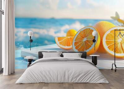 Ripe orange fruit sliced on a white wooden board against a summery backdrop of fruits and the sea offering copy space in the image Wall mural