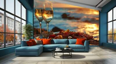 Romantic dinner at the beach restaurant overlooking the sunset on the ocean on a beautifully served table seafood and white wine. Copy space image. Place for adding text Wall mural