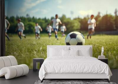 School children practicing football on a grass field during a summer training camp with a group of kids running and kicking soccer balls in an image with copy space Wall mural