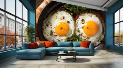 Sizzling Skillet: Two Eggs Cooking with Fresh Greens and Aromatic Spices Wall mural