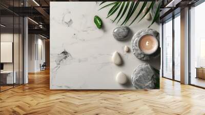 Spa concept on a white stone background featuring palm leaves a flower a candle and zen like grey stones top view copy space Wall mural